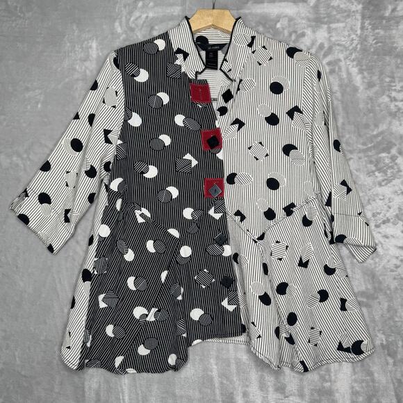 Ali Miles Top Womens Petite Medium Geometric Button Asymmetrical Artsy Blouse - Picture 1 of 11